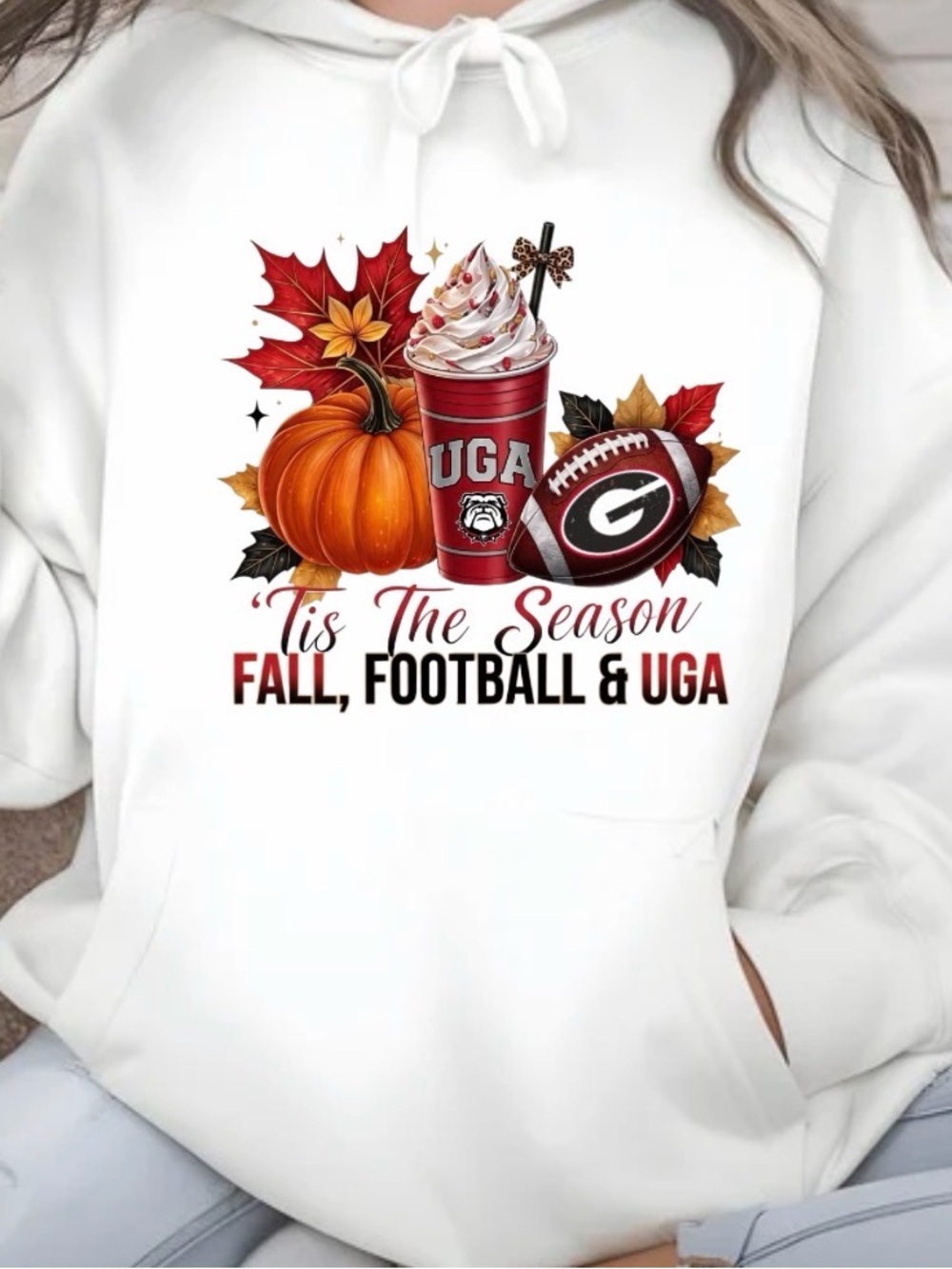 Gildan White Women's Fall Football & UGA Graphic Hoodie